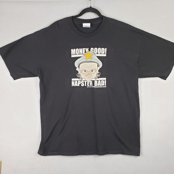Y2K Campus Chaos Black Graphic Tee Money Good Napster Bad Cop Humor 2000 Size XL